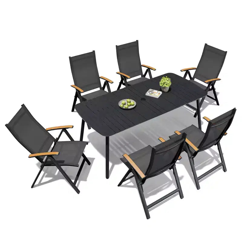 Crestlive Products 7pc Outdoor Dining set Patio Rectangle Table with Folding Chairs Aluminum Frame with Wood-Like Tabletop and Umbrella Hole