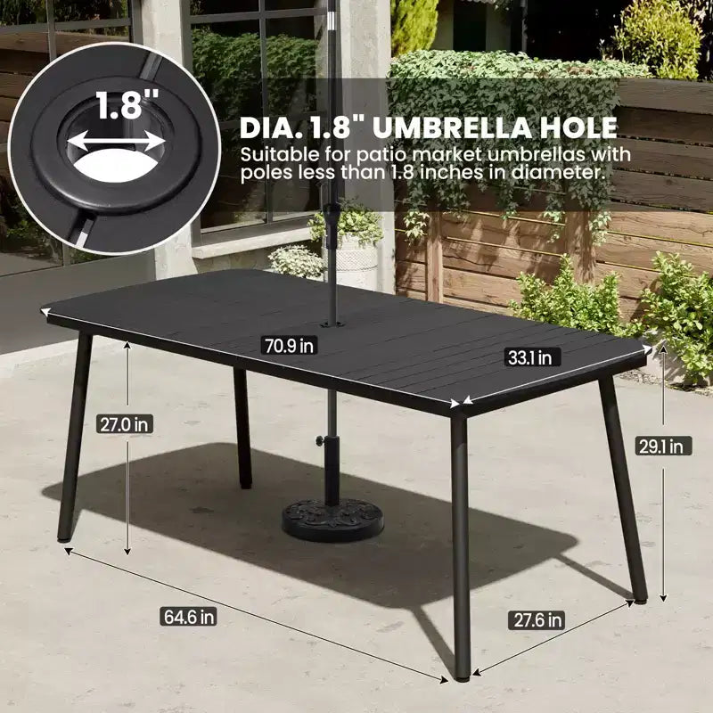 Crestlive Products 7pc Outdoor Dining set Patio Rectangle Table with Folding Chairs Aluminum Frame with Wood-Like Tabletop and Umbrella Hole