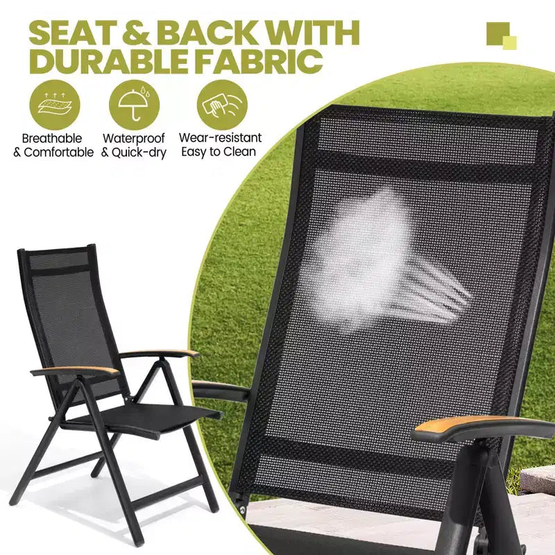 Crestlive Products 7pc Outdoor Dining set Patio Rectangle Table with Folding Chairs Aluminum Frame with Wood-Like Tabletop and Umbrella Hole