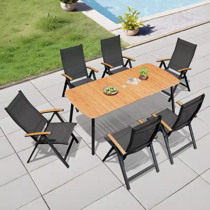 Crestlive Products 7pc Outdoor Dining set Patio Rectangle Table with Folding Chairs Aluminum Frame with Wood-Like Tabletop and Umbrella Hole
