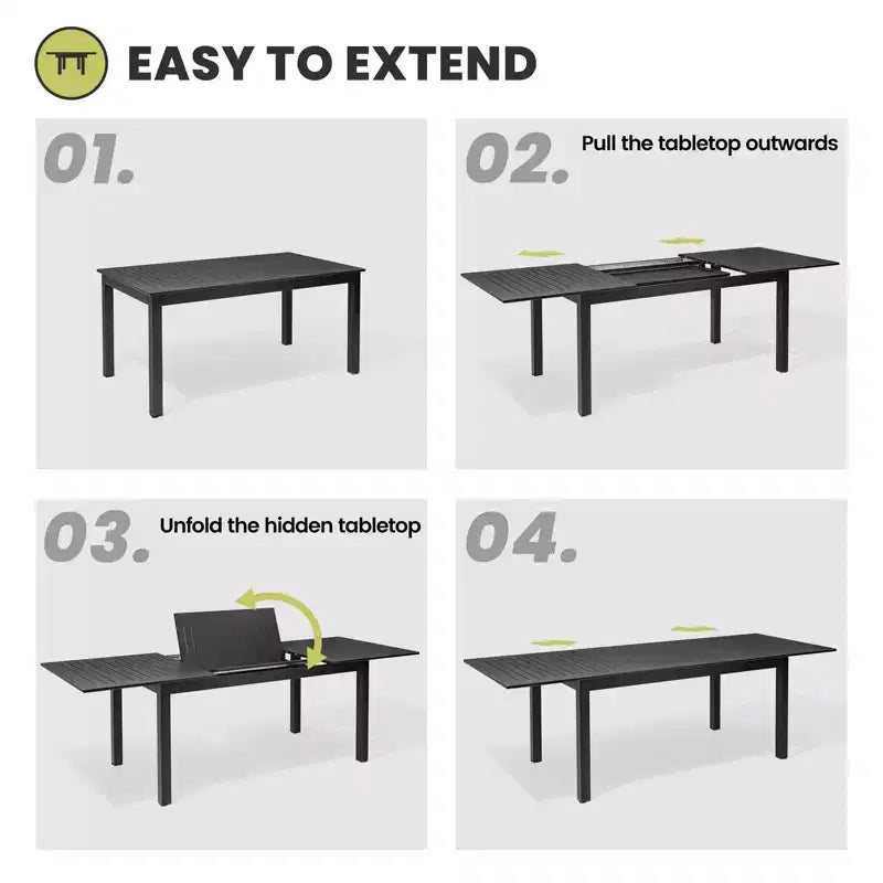 Crestlive Products 9pc Patio Expandable Dining Set Aluminum Outdoor 94.5'' Rectangular Table for 6 to 8 with Folding Chairs