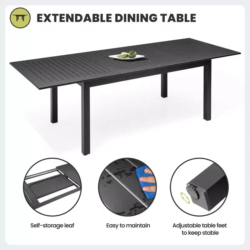 Crestlive Products 9pc Patio Expandable Dining Set Aluminum Outdoor 94.5'' Rectangular Table for 6 to 8 with Folding Chairs