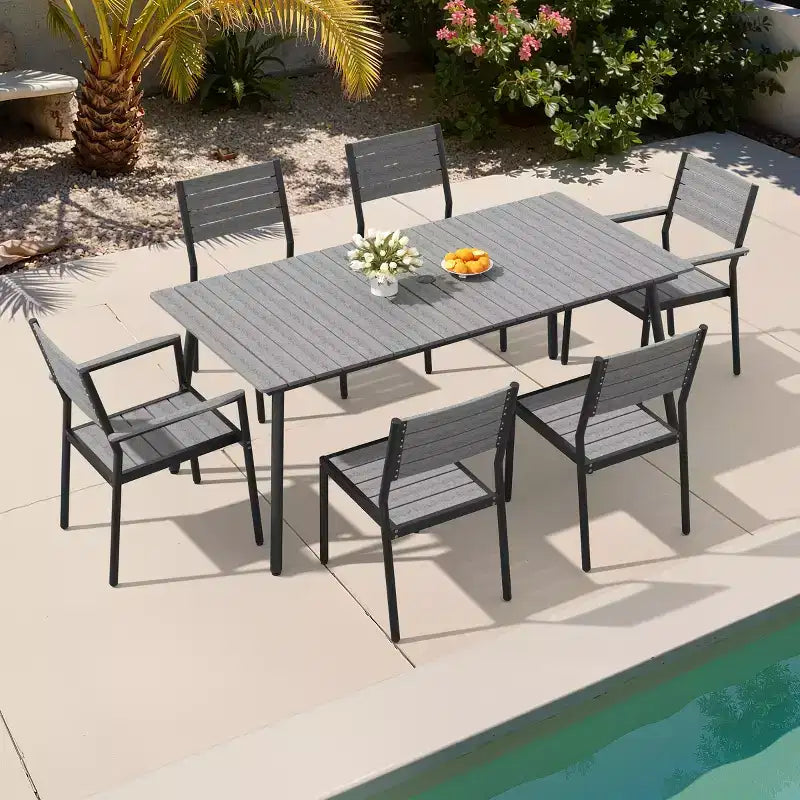 Crestlive Products 7pc Aluminum Patio Dinning Set 72in Table and 6 Chairs Plastic Wood Top with Umbrella Hole for Outdoor Pool Lawn