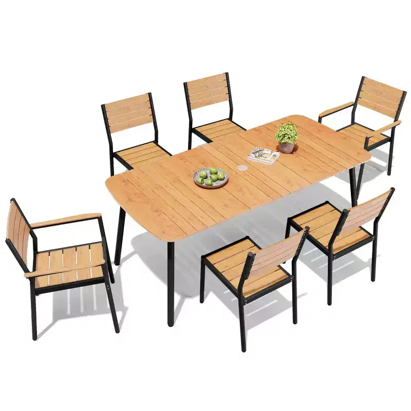 Crestlive Products Ensemble repas de jardin 7 pièces en aluminium, table de 180 cm et 6 chaises avec plateau en bois composite et trou pour parasol pour extérieur, piscine, pelouse
