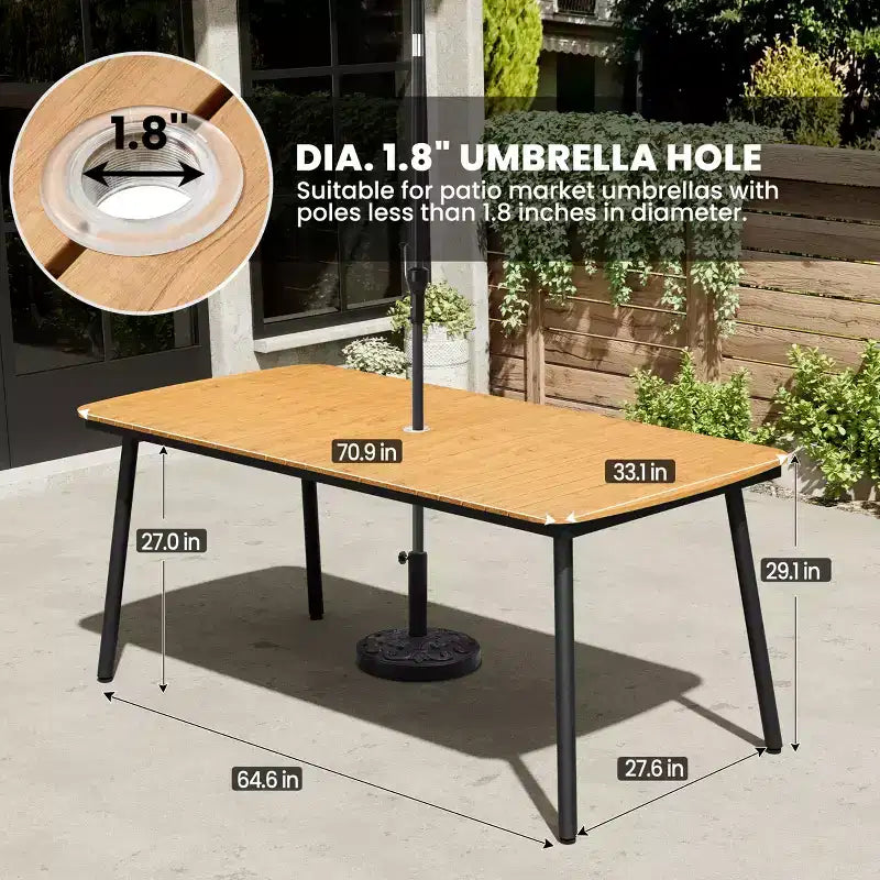 Crestlive Products Ensemble repas de jardin 7 pièces en aluminium, table de 180 cm et 6 chaises avec plateau en bois composite et trou pour parasol pour extérieur, piscine, pelouse