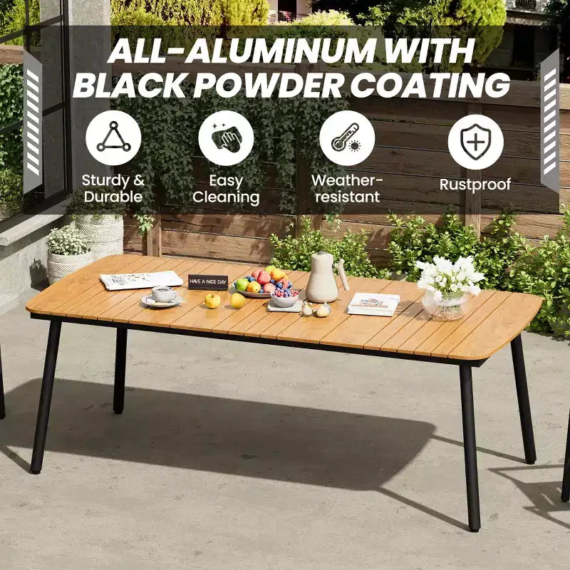 Crestlive Products Ensemble repas de jardin 7 pièces en aluminium, table de 180 cm et 6 chaises avec plateau en bois composite et trou pour parasol pour extérieur, piscine, pelouse
