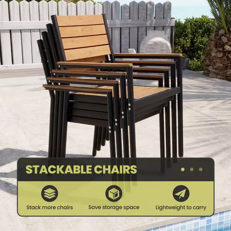 Crestlive Products Ensemble repas de jardin 7 pièces en aluminium, table de 180 cm et 6 chaises avec plateau en bois composite et trou pour parasol pour extérieur, piscine, pelouse