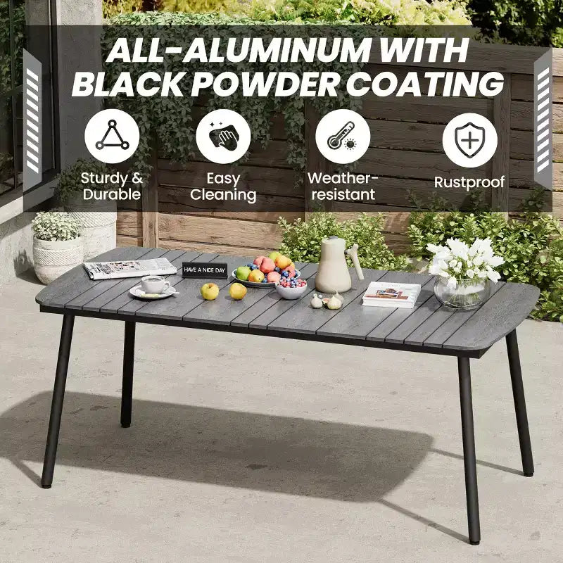 Crestlive Products Ensemble repas de jardin 7 pièces en aluminium, table de 180 cm et 6 chaises avec plateau en bois composite et trou pour parasol pour extérieur, piscine, pelouse