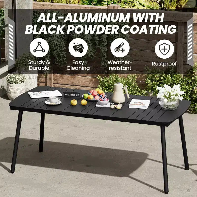 Crestlive Products Ensemble repas de jardin 7 pièces en aluminium, table de 180 cm et 6 chaises avec plateau en bois composite et trou pour parasol pour extérieur, piscine, pelouse