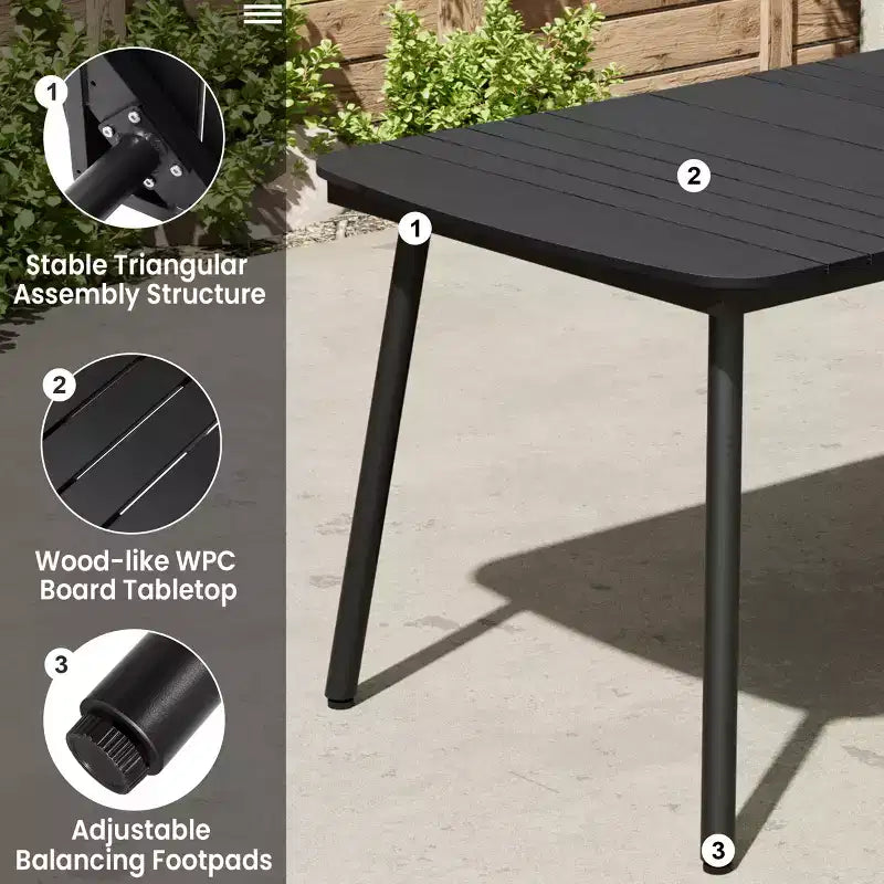 Crestlive Products Ensemble repas de jardin 7 pièces en aluminium, table de 180 cm et 6 chaises avec plateau en bois composite et trou pour parasol pour extérieur, piscine, pelouse
