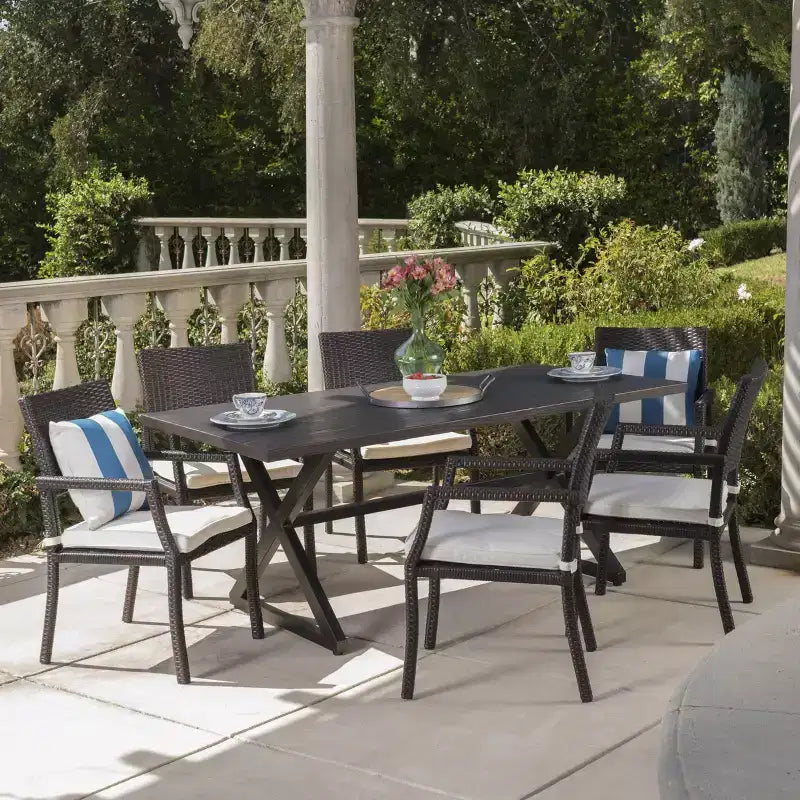 Christopher Knight Home Alani Outdoor Wicker and Aluminum 7 Piece Dining Set with Cushion, Multibrown/Cream White