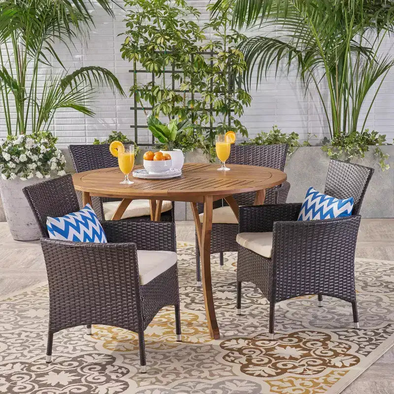 Christopher Knight Home Albury Outdoor Acacia Wood and Wicker 5 Piece Dining Set with Cushion