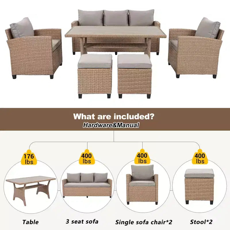 GDFStudio Gary Outdoor 6-Piece PE Rattan and Steel Upholstered Dining Sets