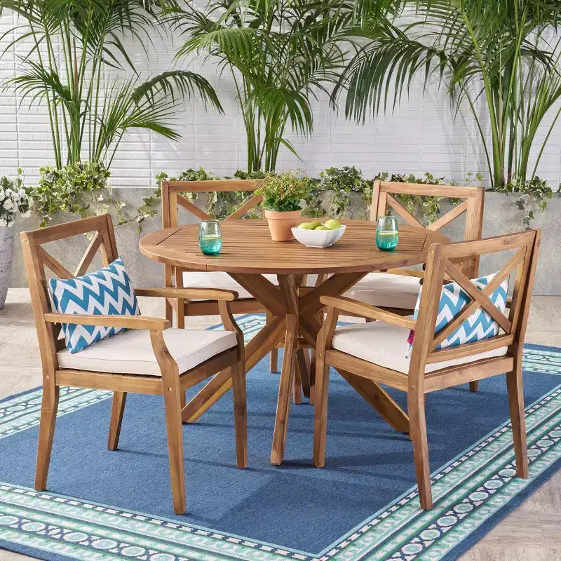 Christopher Knight Home Llano Outdoor Acacia Wood 5 Piece Dining Set with Water Resistant Cushion