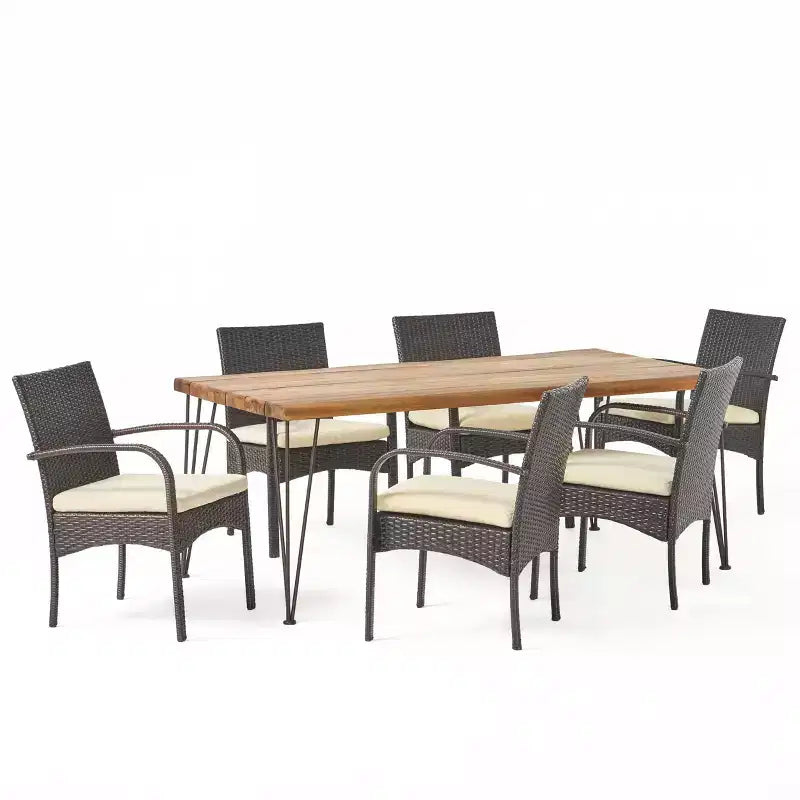 Ensemble de salle à manger GDFStudio Santa de 7 pièces en osier et bois d'acacia avec coussin, teck/multibrun
