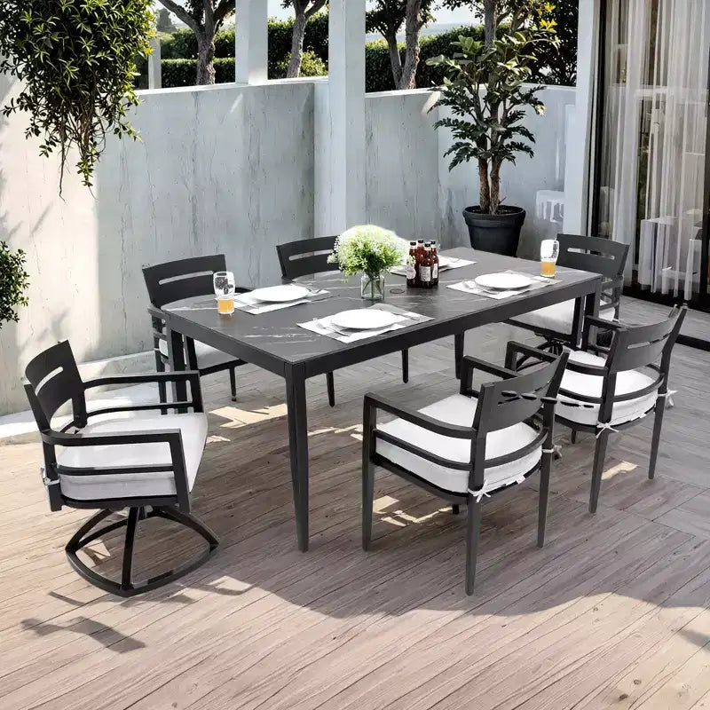 Ensemble de salle à manger d'extérieur 7 pièces en aluminium et pierre frittée avec coussins Sunbrella amovibles Christopher Knight Home Larry