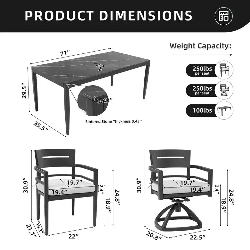 Ensemble de salle à manger d'extérieur 7 pièces en aluminium et pierre frittée avec coussins Sunbrella amovibles Christopher Knight Home Larry