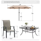 Captiva Designs 8pc Outdoor Dining Rectangle Steel Table & Padded Sling Armchairs & Market Umbrella