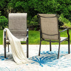 Captiva Designs 8pc Outdoor Dining Rectangle Steel Table & Padded Sling Armchairs & Market Umbrella
