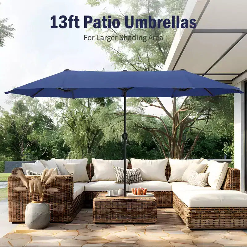Captiva Designs 8pc Outdoor Dining Rectangle Steel Table & Padded Sling Armchairs & Market Umbrella