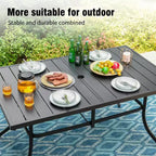 Captiva Designs 8pc Outdoor Dining Rectangle Steel Table & Padded Sling Armchairs & Market Umbrella