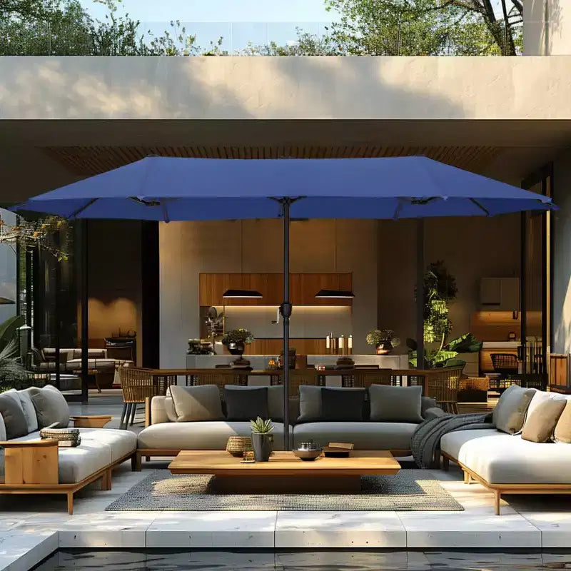 Captiva Designs 8pc Outdoor Dining Rectangle Steel Table & Padded Sling Armchairs & Market Umbrella