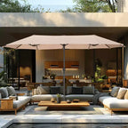 Captiva Designs 8pc Outdoor Dining Rectangle Steel Table & Padded Sling Armchairs & Market Umbrella