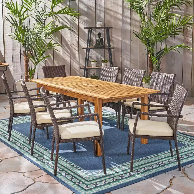 Ensemble de salle à manger extensible 9 pièces Christopher Knight Home Davenport en bois d'acacia et osier avec coussin