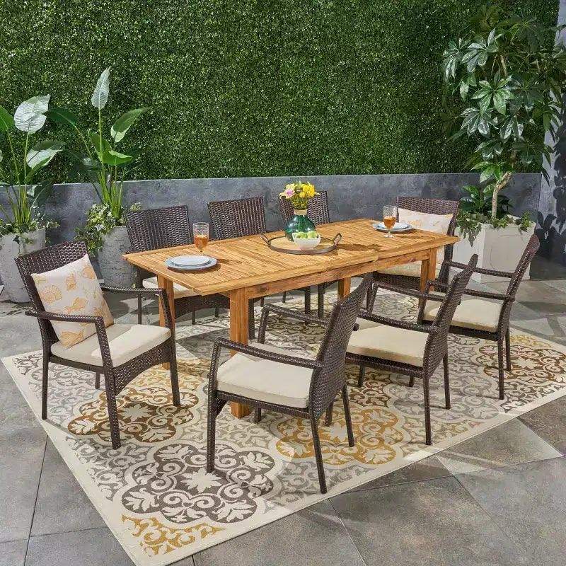 Christopher Knight Home Davenport Outdoor Acacia Wood and Wicker 9 Piece Expandable Dining Set with Cushion