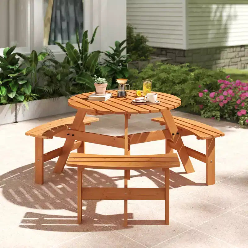 Costway 6-Person Round Picnic Table Set with 3 Built-in Benches 2 Umbrella Hole, Brown/Yellow