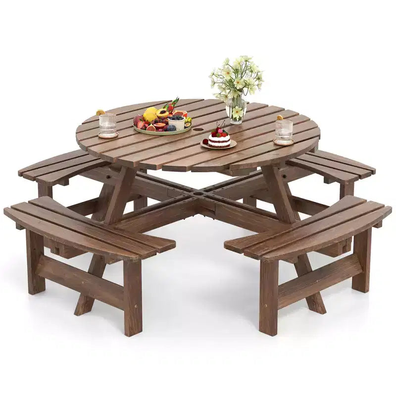 Costway 8-Person Round Picnic Table Set with 4 Built-in Benches 2 Umbrella Hole, Brown/Yellow