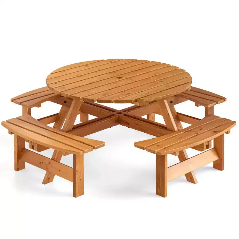 Costway 8-Person Round Picnic Table Set with 4 Built-in Benches 2 Umbrella Hole, Brown/Yellow