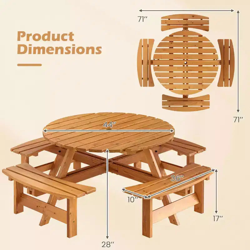 Costway 8-Person Round Picnic Table Set with 4 Built-in Benches 2 Umbrella Hole, Brown/Yellow