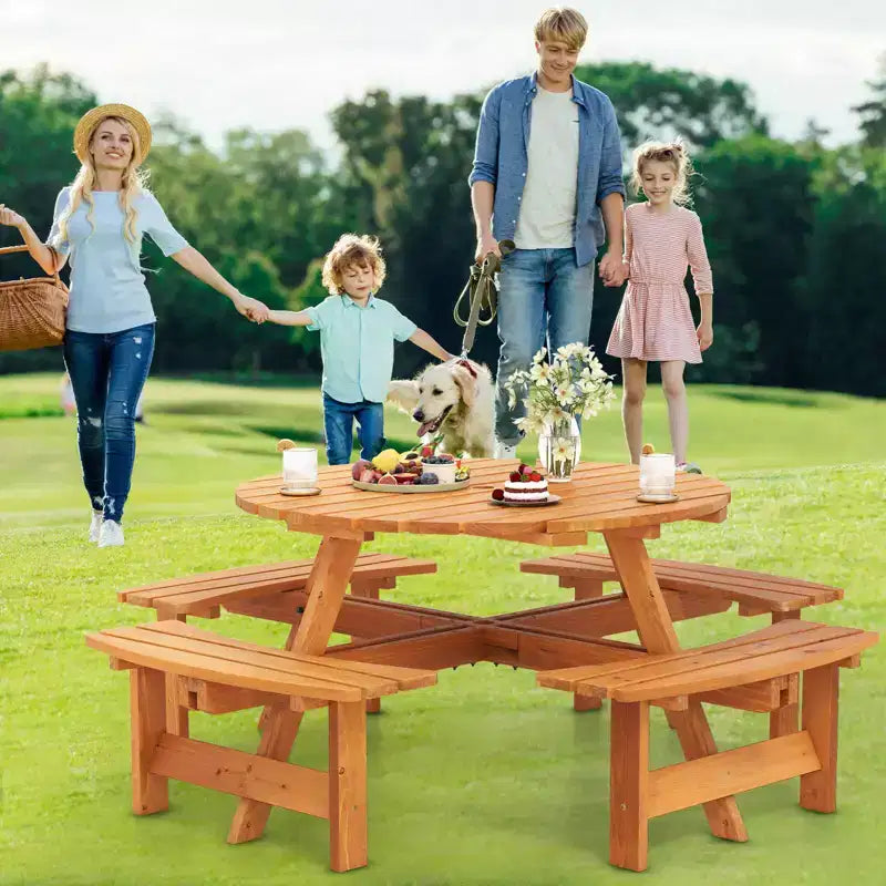 Costway 8-Person Round Picnic Table Set with 4 Built-in Benches 2 Umbrella Hole, Brown/Yellow