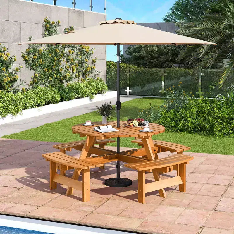 Costway 8-Person Round Picnic Table Set with 4 Built-in Benches 2 Umbrella Hole, Brown/Yellow
