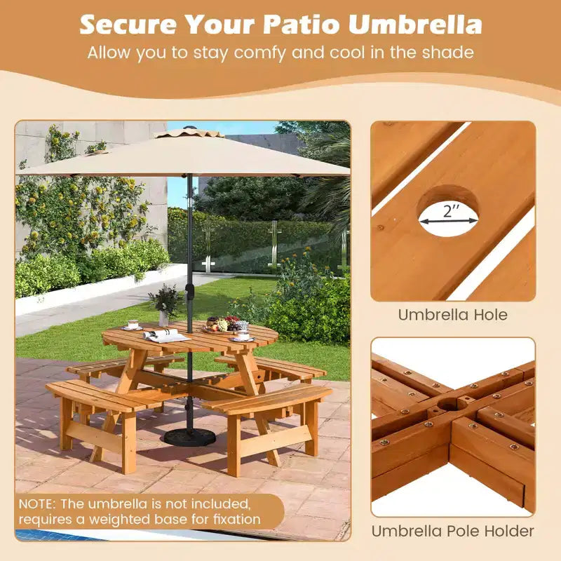 Costway 8-Person Round Picnic Table Set with 4 Built-in Benches 2 Umbrella Hole, Brown/Yellow