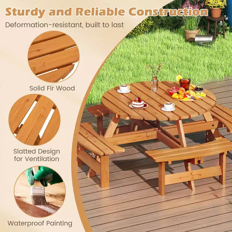 Costway 8-Person Round Picnic Table Set with 4 Built-in Benches 2 Umbrella Hole, Brown/Yellow