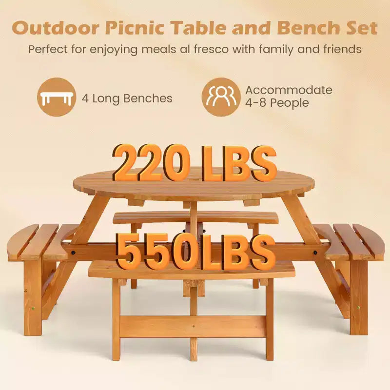 Costway 8-Person Round Picnic Table Set with 4 Built-in Benches 2 Umbrella Hole, Brown/Yellow