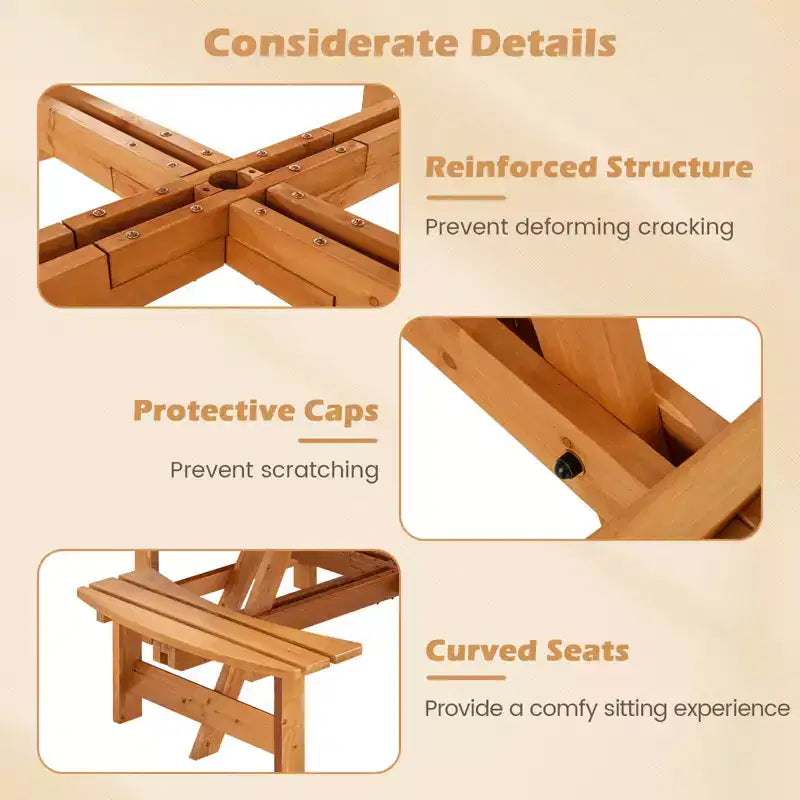 Costway 8-Person Round Picnic Table Set with 4 Built-in Benches 2 Umbrella Hole, Brown/Yellow