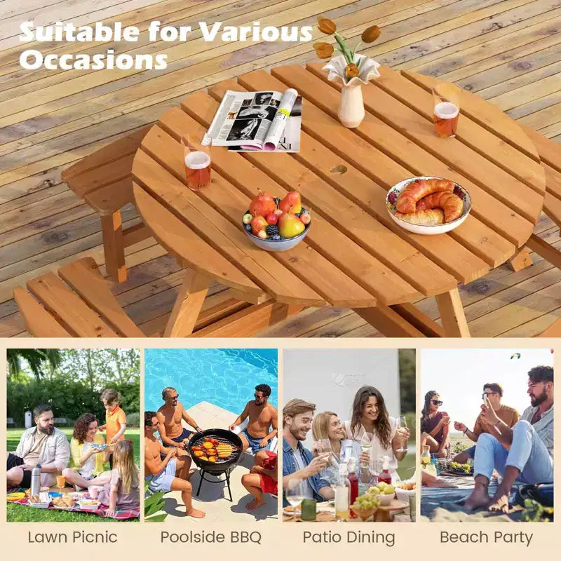 Costway 8-Person Round Picnic Table Set with 4 Built-in Benches 2 Umbrella Hole, Brown/Yellow