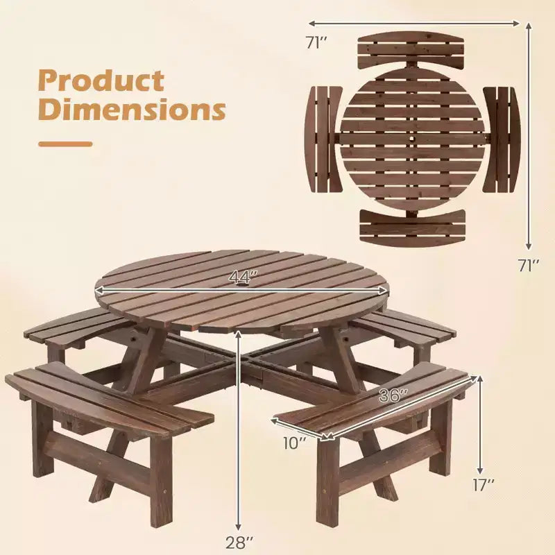 Costway 8-Person Round Picnic Table Set with 4 Built-in Benches 2 Umbrella Hole, Brown/Yellow