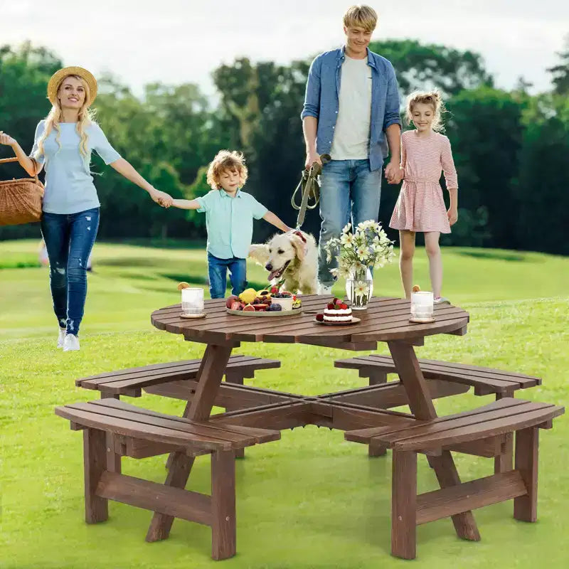 Costway 8-Person Round Picnic Table Set with 4 Built-in Benches 2 Umbrella Hole, Brown/Yellow
