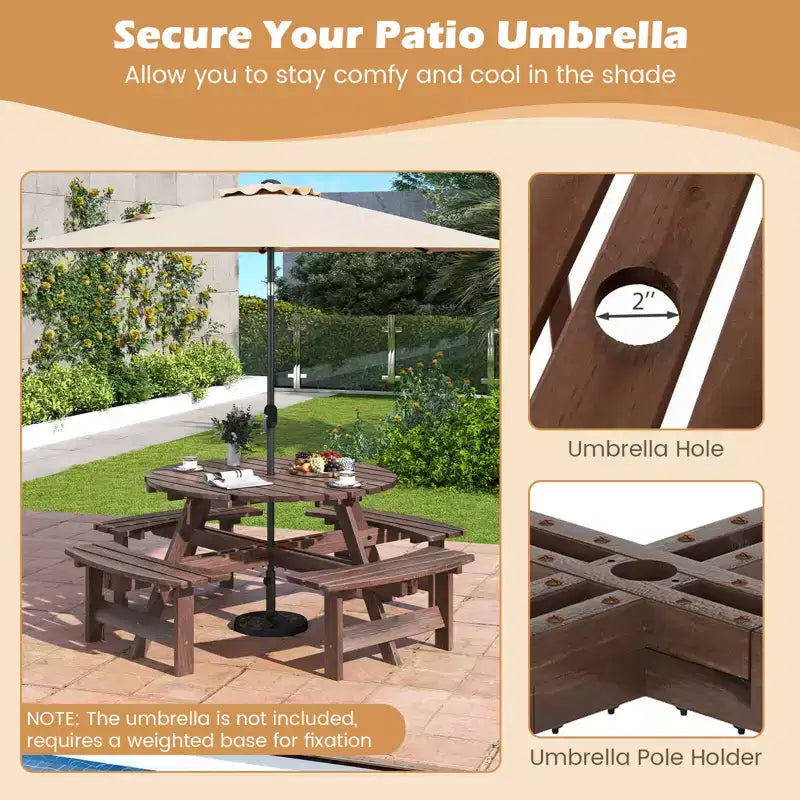 Costway 8-Person Round Picnic Table Set with 4 Built-in Benches 2 Umbrella Hole, Brown/Yellow