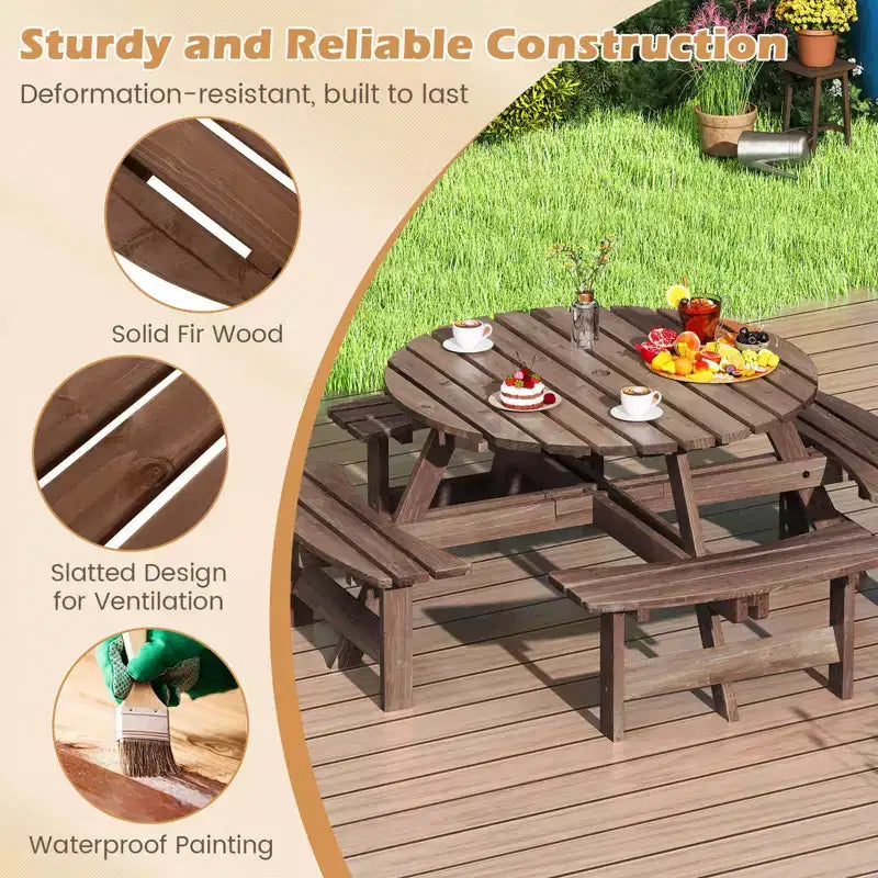Costway 8-Person Round Picnic Table Set with 4 Built-in Benches 2 Umbrella Hole, Brown/Yellow