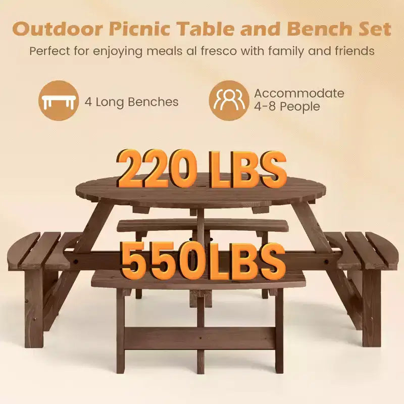 Costway 8-Person Round Picnic Table Set with 4 Built-in Benches 2 Umbrella Hole, Brown/Yellow