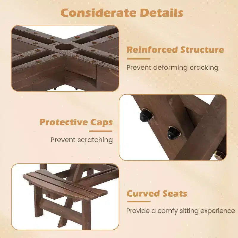 Costway 8-Person Round Picnic Table Set with 4 Built-in Benches 2 Umbrella Hole, Brown/Yellow