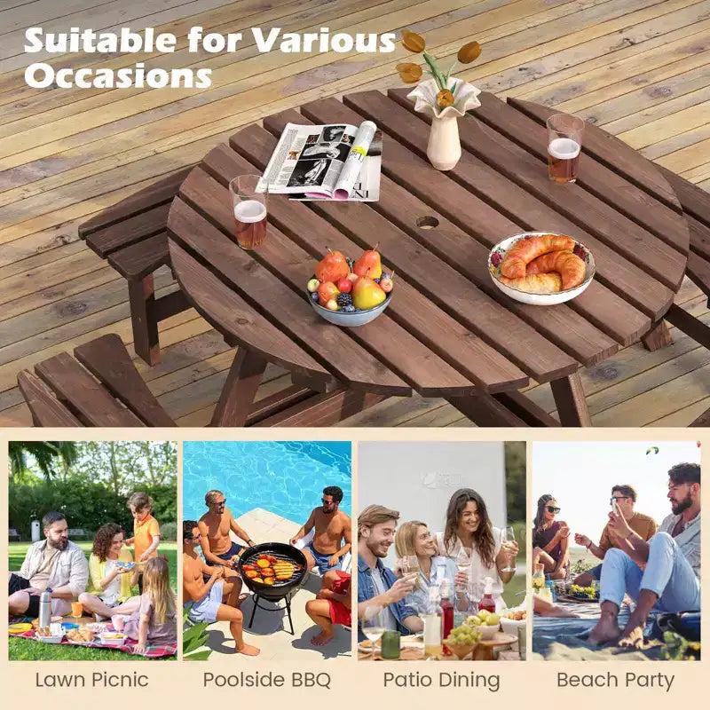 Costway 8-Person Round Picnic Table Set with 4 Built-in Benches 2 Umbrella Hole, Brown/Yellow