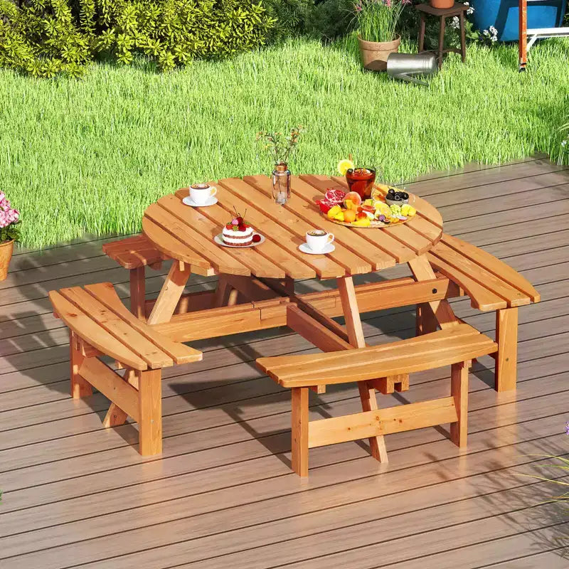 Costway 8-Person Round Picnic Table Set with 4 Built-in Benches 2 Umbrella Hole, Brown/Yellow