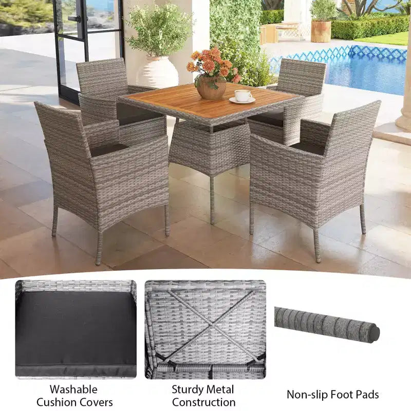 Costway 5 Pieces PE Wicker Patio Dining Set with Cushions and 1.97 Umbrella Hole