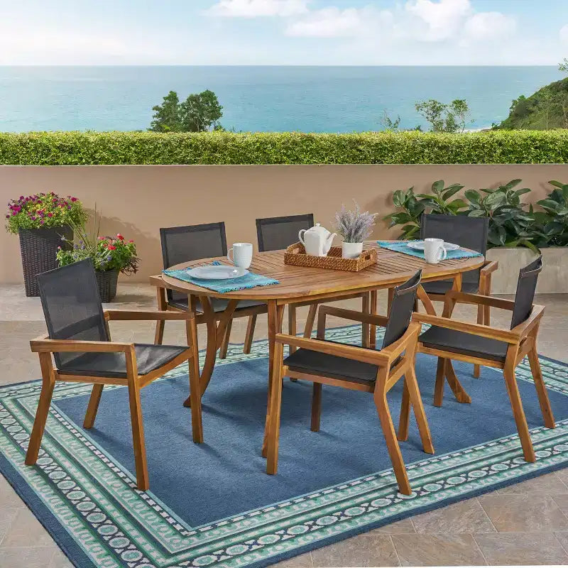 Christopher Knight Home Arletta Outdoor Mesh and Acacia Wood 7 Piece Dining Set